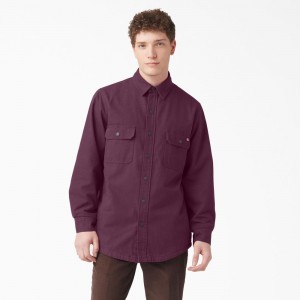 Purple Dickies Long Sleeve Flannel-Lined Duck Men's Shirt | 813-XSOGKF