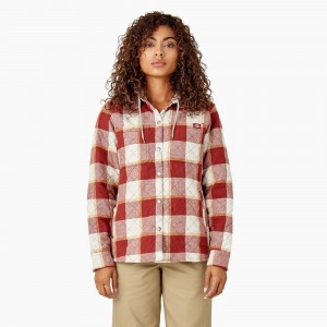 Red Dickies Flannel Hooded Shirt Women's Jacket | 657-YNTPIU