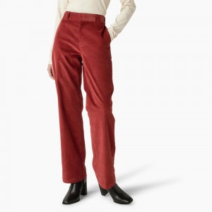 Red Dickies Halleyville Regular Fit Wide Leg Corduroy Women's Pants | 836-HWIYOE