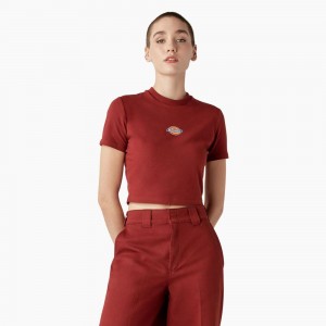 Red Dickies Maple Valley Logo Cropped Women's T-Shirt | 384-DQXEHJ