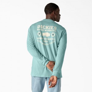 Turquoise Dickies Hays Long Sleeve Graphic Men's T-Shirt | 534-RQUKOF