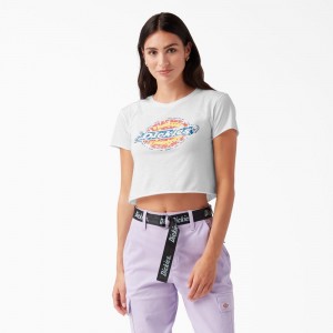 White Dickies Distressed Logo Cropped Women's T-Shirt | 160-FQRNHV