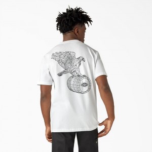 White Dickies Eagle Barrel Heavyweight Men's T-Shirt | 267-XSICTP