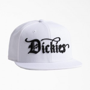 White Dickies Embroidered Flat Brim Men's Hat | 921-LBJTID