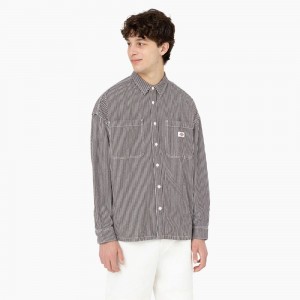 White Dickies Hickory Stripe Long Sleeve Men's Work Shirts | 532-MQTBES