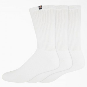 White Dickies Label Crew 3-Pack Men's Socks | 492-UKBXSV