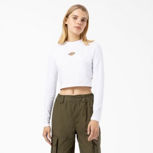 White Dickies Maple Valley Logo Long Sleeve Cropped Women's T-Shirt | 134-KMJZIS