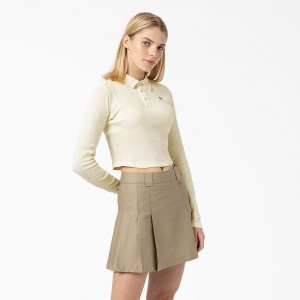 White Dickies Tallasee Long Sleeve Cropped Women's Polo Shirt | 851-DCNWTE