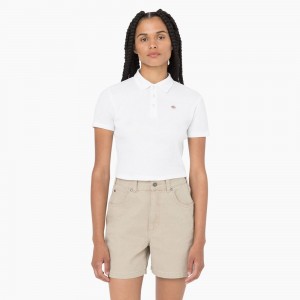 White Dickies Tallasee Short Sleeve Cropped Women's Polo Shirt | 215-ABGYTF