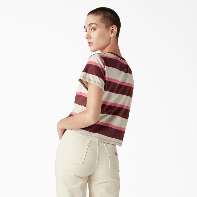 Beige Dickies Large Striped Cropped Pocket Women's T-Shirt | 372-CWABZQ