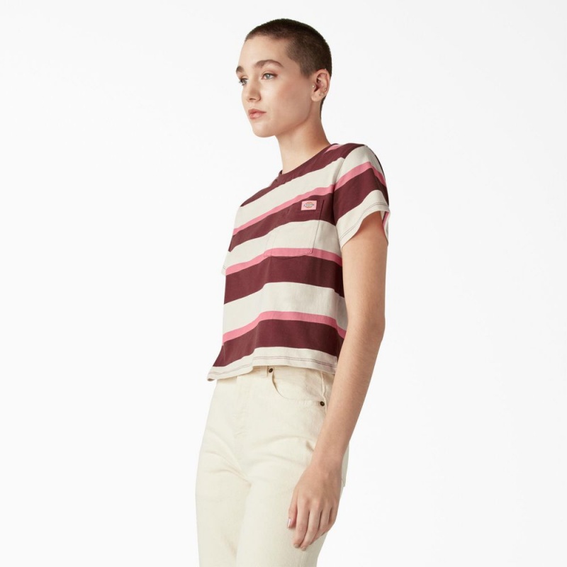 Beige Dickies Large Striped Cropped Pocket Women's T-Shirt | 372-CWABZQ