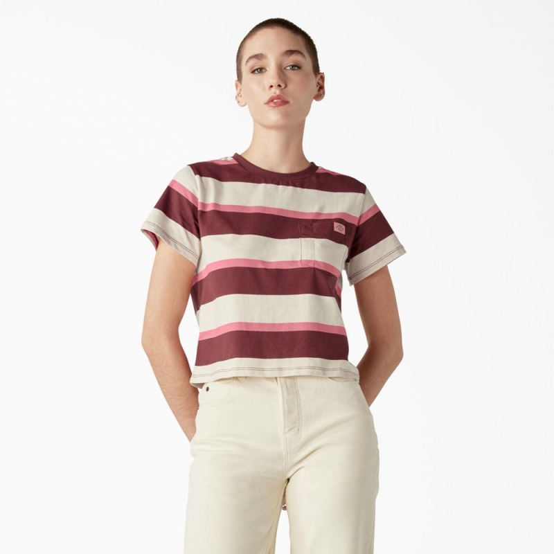 Beige Dickies Large Striped Cropped Pocket Women\'s T-Shirt | 372-CWABZQ