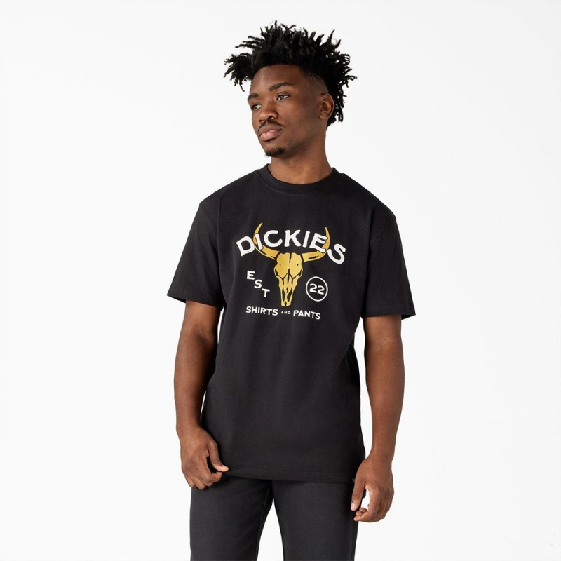 Black Dickies Bull Skull Heavyweight Men's T-Shirt | 905-AVZNRO