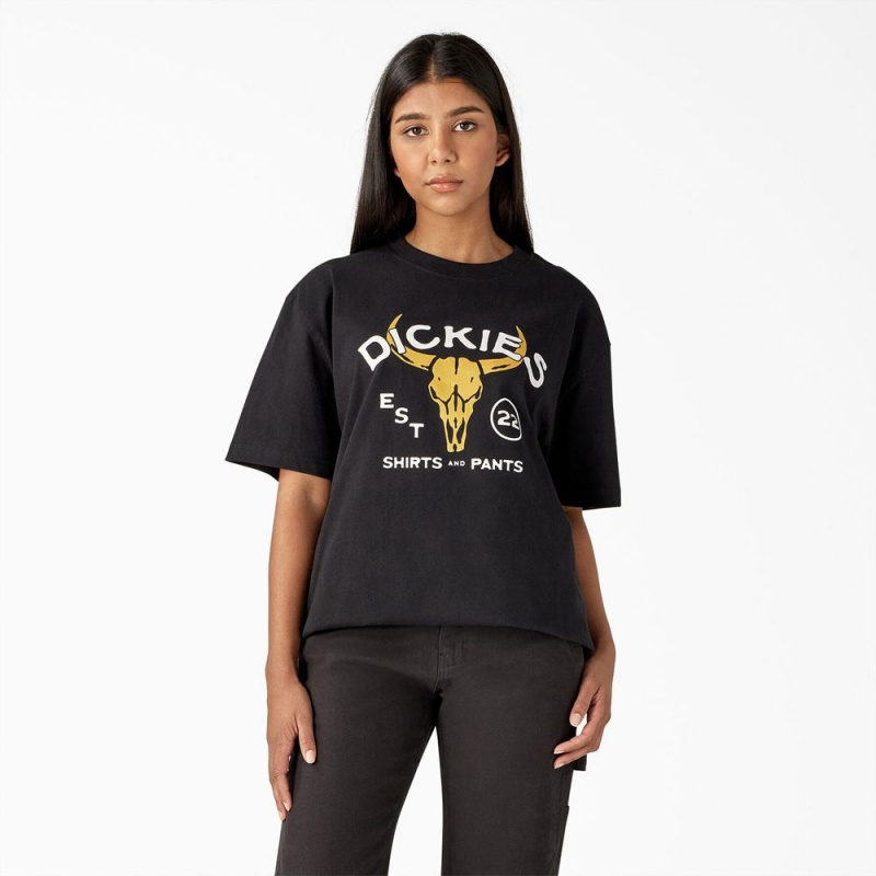 Black Dickies Bull Skull Heavyweight Men's T-Shirt | 905-AVZNRO