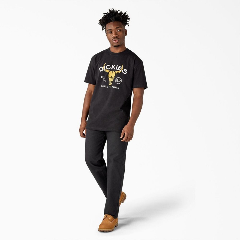 Black Dickies Bull Skull Heavyweight Men's T-Shirt | 905-AVZNRO