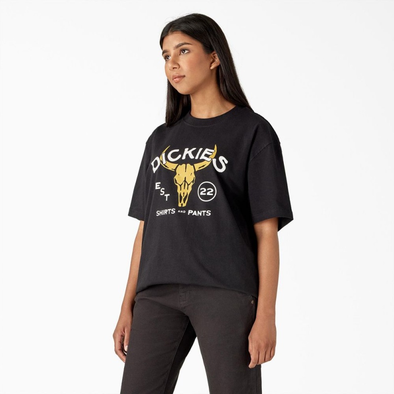 Black Dickies Bull Skull Heavyweight Women's T-Shirt | 052-JKGCTM