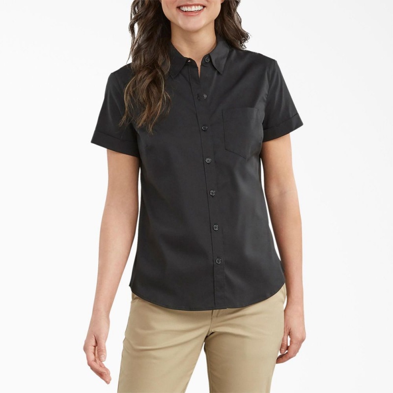 Black Dickies Button-Up Women\'s Shirt | 514-IFYKRU