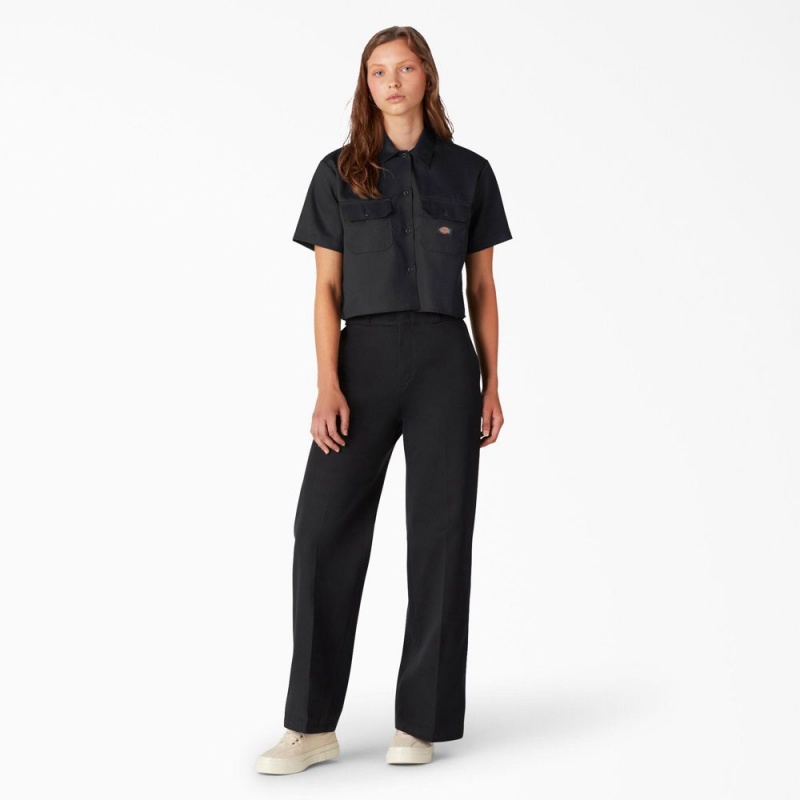 Black Dickies Cropped Women's Work Shirts | 792-SARJFZ