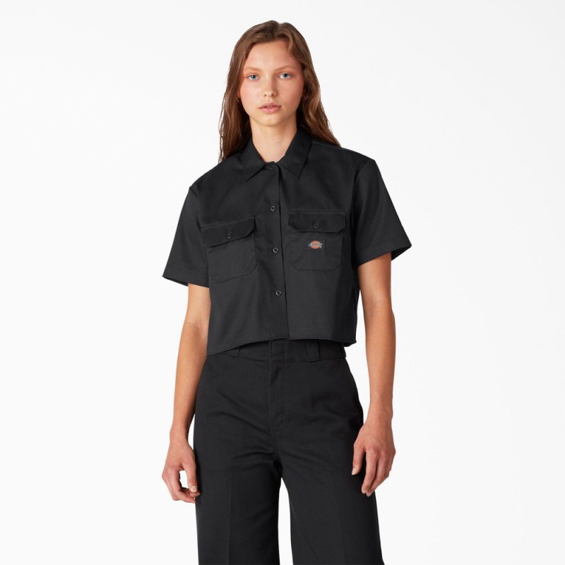 Black Dickies Cropped Women\'s Work Shirts | 792-SARJFZ