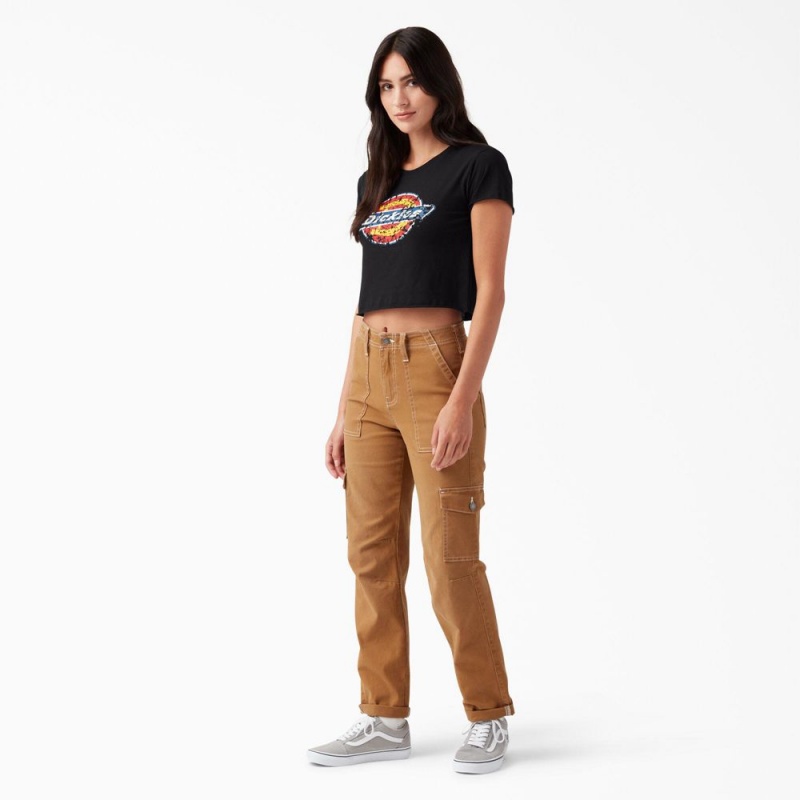 Black Dickies Distressed Logo Cropped Women's T-Shirt | 256-JAIWPL