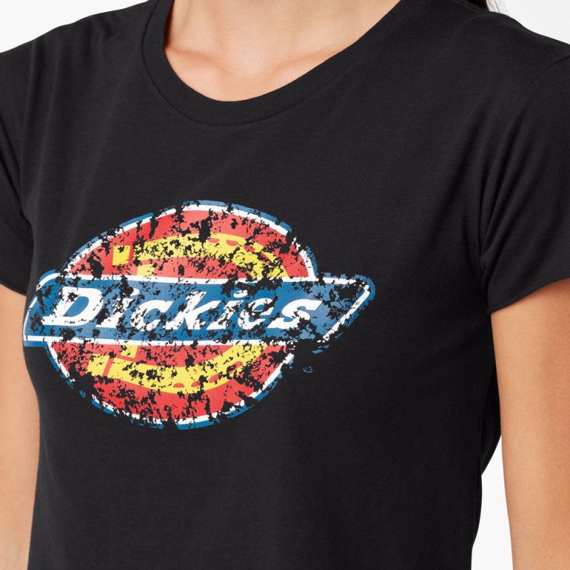 Black Dickies Distressed Logo Cropped Women's T-Shirt | 256-JAIWPL