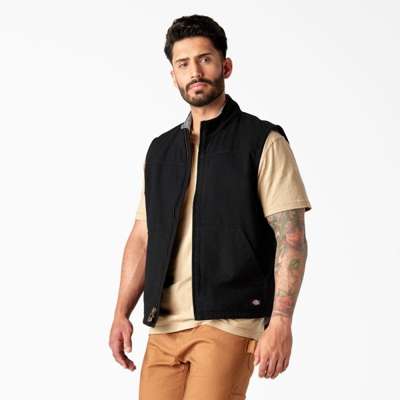 Black Dickies Duck Canvas High Pile Fleece Lined Men's Vest | 390-YAWGXN