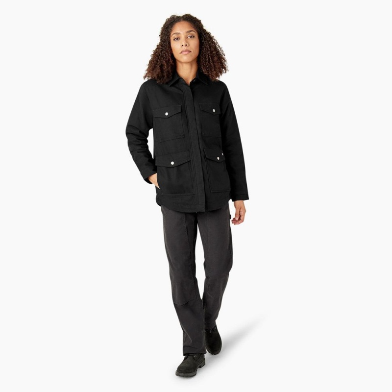 Black Dickies Duck High Pile Fleece Lined Chore Coat Women's Jacket | 164-QPFIZY