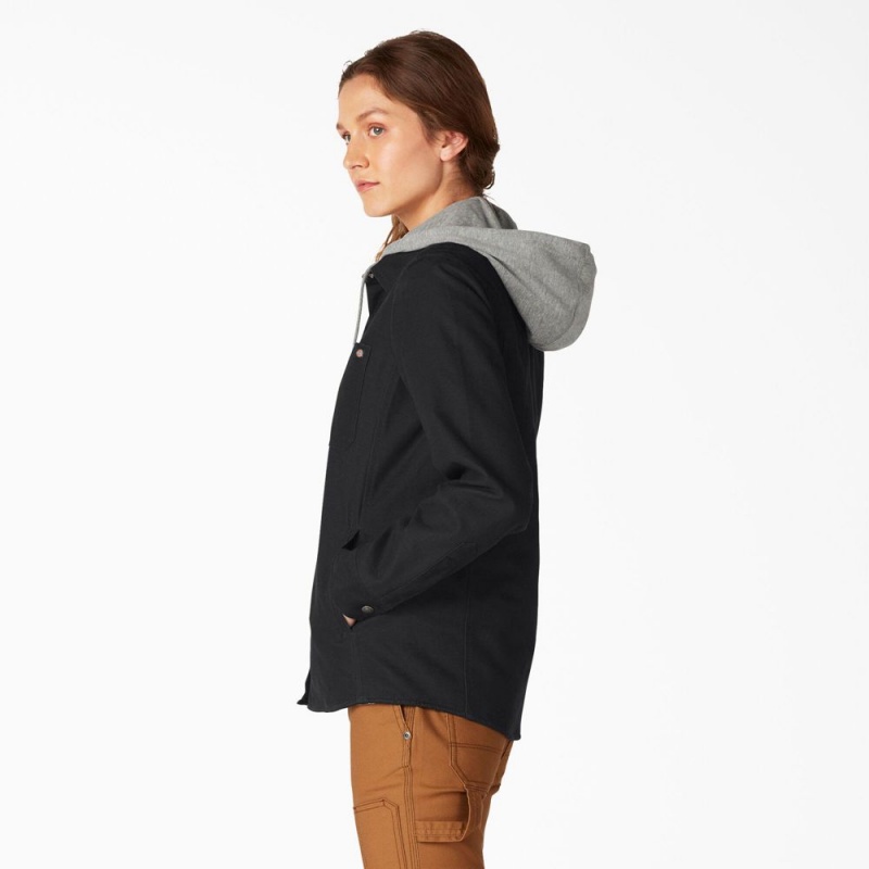 Black Dickies Duck Hooded Shirt Women's Jacket | 280-DOJXSG