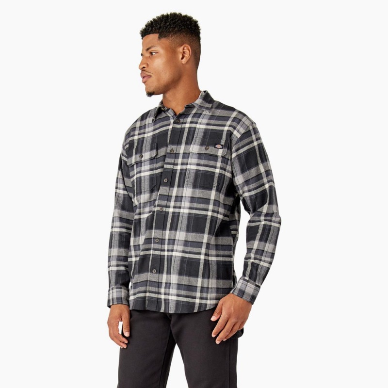 Black Dickies FLEX Long Sleeve Flannel Men's Shirt | 406-DZWMCJ