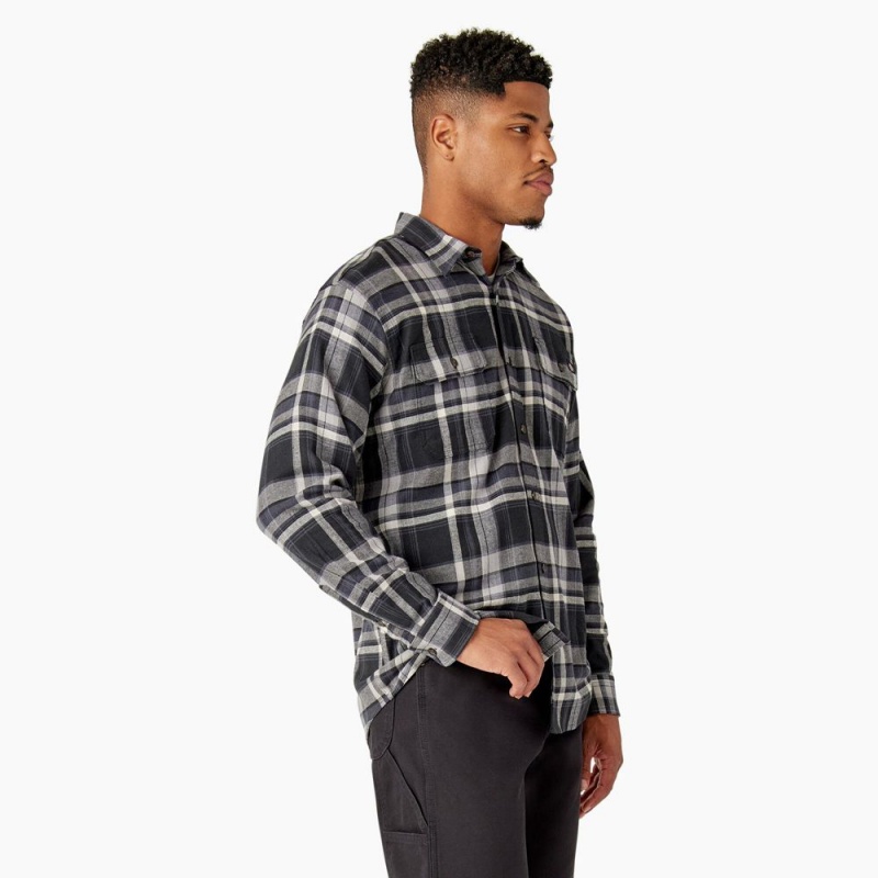 Black Dickies FLEX Long Sleeve Flannel Men's Shirt | 406-DZWMCJ