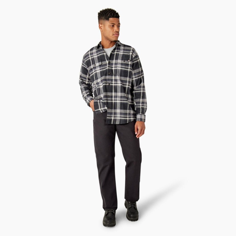 Black Dickies FLEX Long Sleeve Flannel Men's Shirt | 406-DZWMCJ