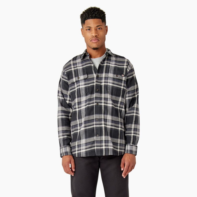 Black Dickies FLEX Long Sleeve Flannel Men\'s Shirt | 406-DZWMCJ