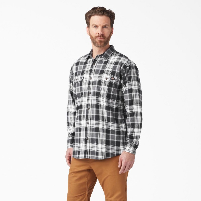 Black Dickies FLEX Long Sleeve Flannel Men\'s Shirt | 026-GSMJPW