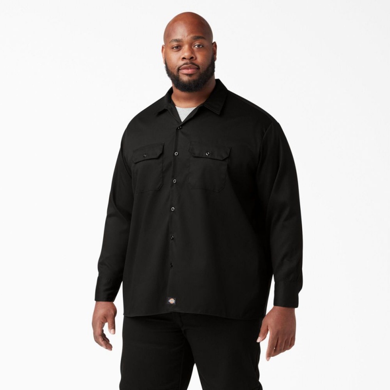 Black Dickies FLEX Relaxed Fit Long Sleeve Men's Work Shirts | 270-IJOUPS