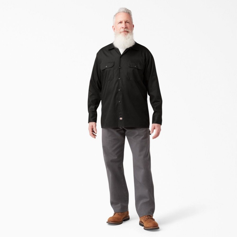 Black Dickies FLEX Relaxed Fit Long Sleeve Men's Work Shirts | 270-IJOUPS