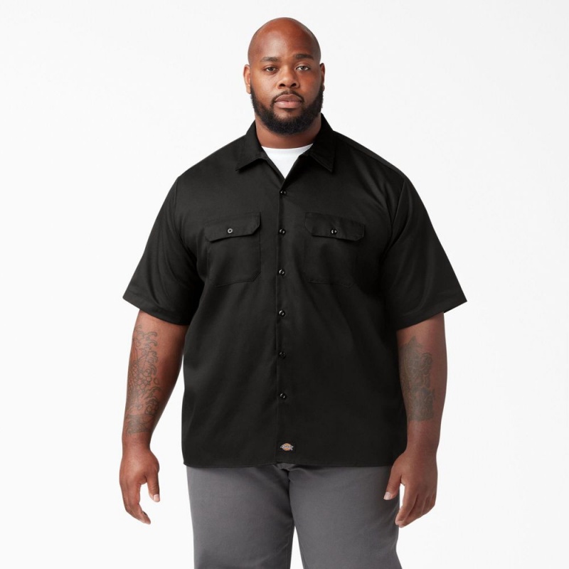 Black Dickies FLEX Relaxed Fit Short Sleeve Men's Work Shirts | 276-ISRNFD