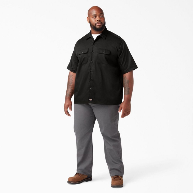 Black Dickies FLEX Relaxed Fit Short Sleeve Men's Work Shirts | 276-ISRNFD