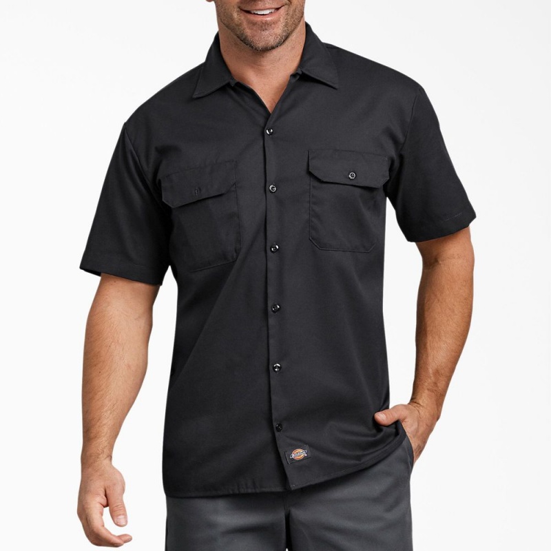 Black Dickies FLEX Relaxed Fit Short Sleeve Men\'s Work Shirts | 276-ISRNFD