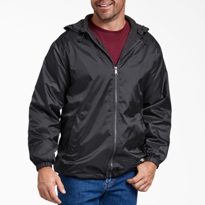 Black Dickies Fleece Lined Nylon Hooded Men\'s Jacket | 824-MKNTZI