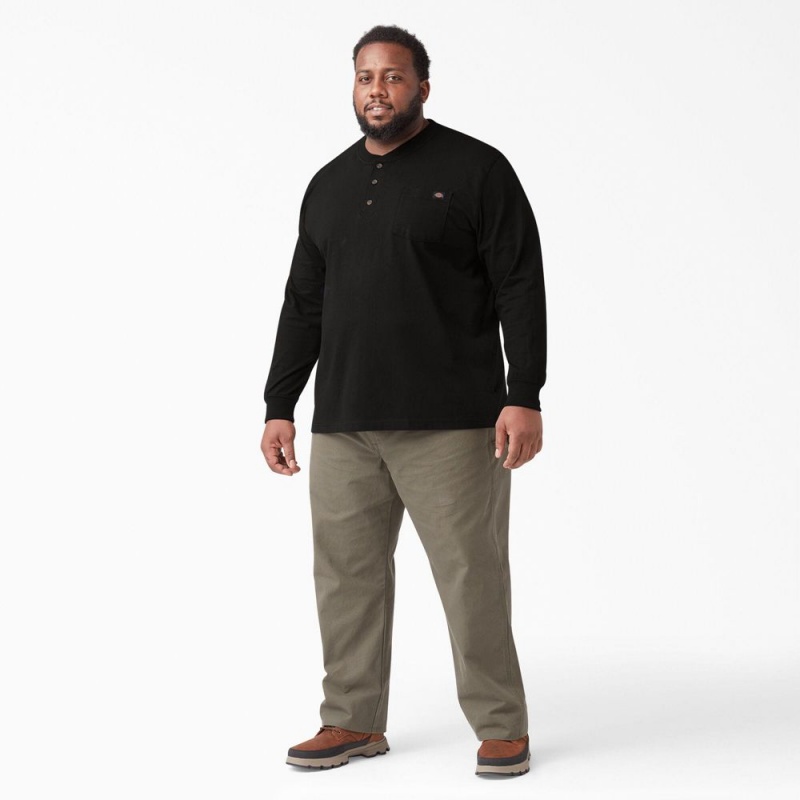 Black Dickies Heavyweight Long Sleeve Henley Men's T-Shirt | 732-YMANPJ