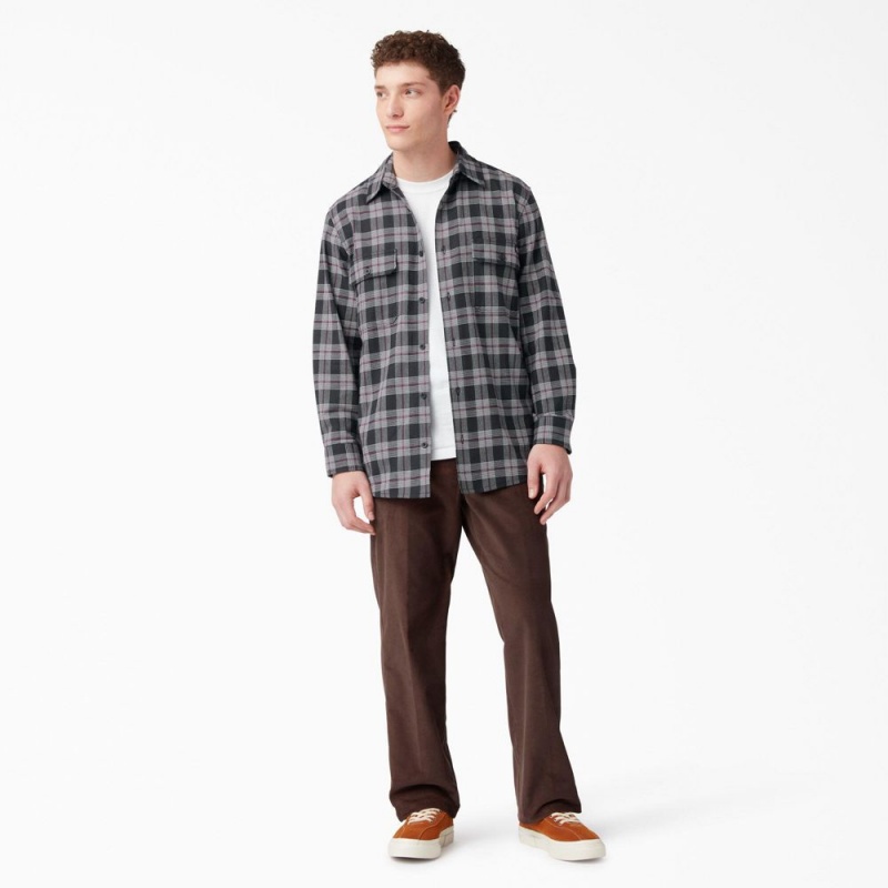 Black Dickies Long Sleeve Flannel Men's Shirt | 364-FBXQLJ