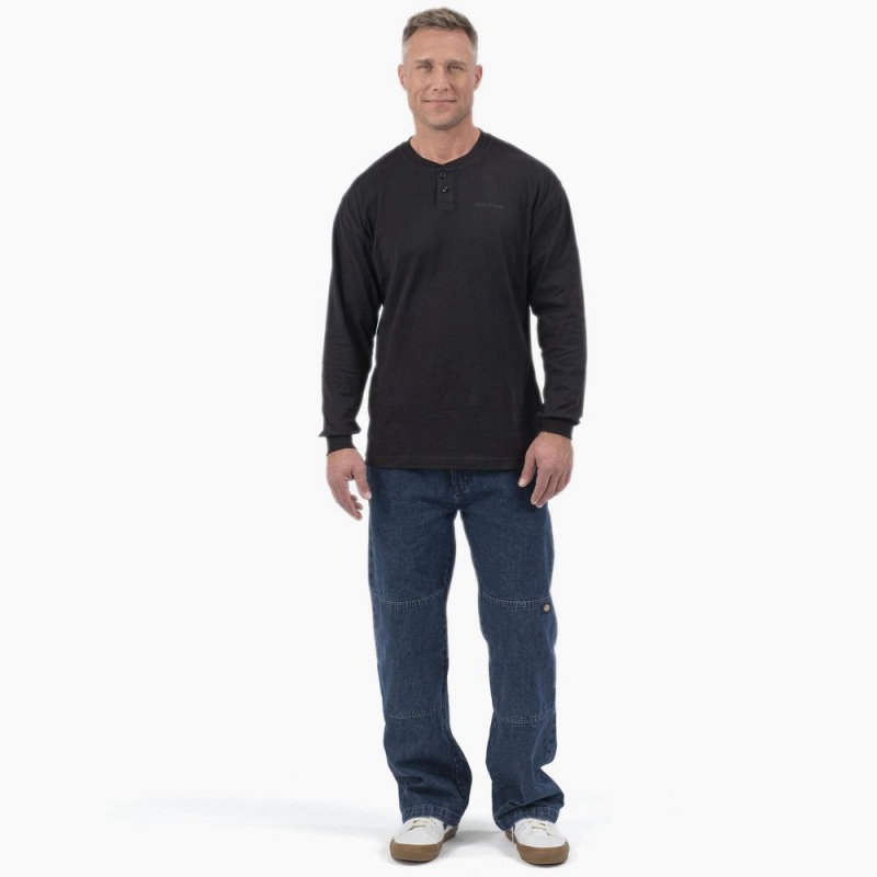 Black Dickies Long Sleeve Henley Men's T-Shirt | 281-OXRTQI