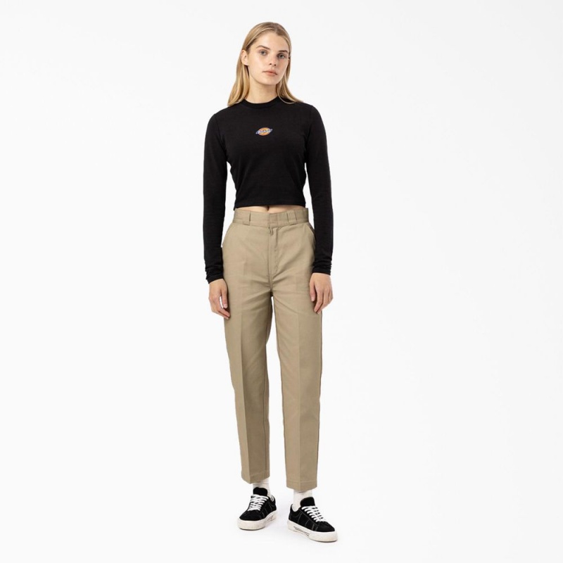 Black Dickies Maple Valley Logo Long Sleeve Cropped Women's T-Shirt | 684-HTMAES