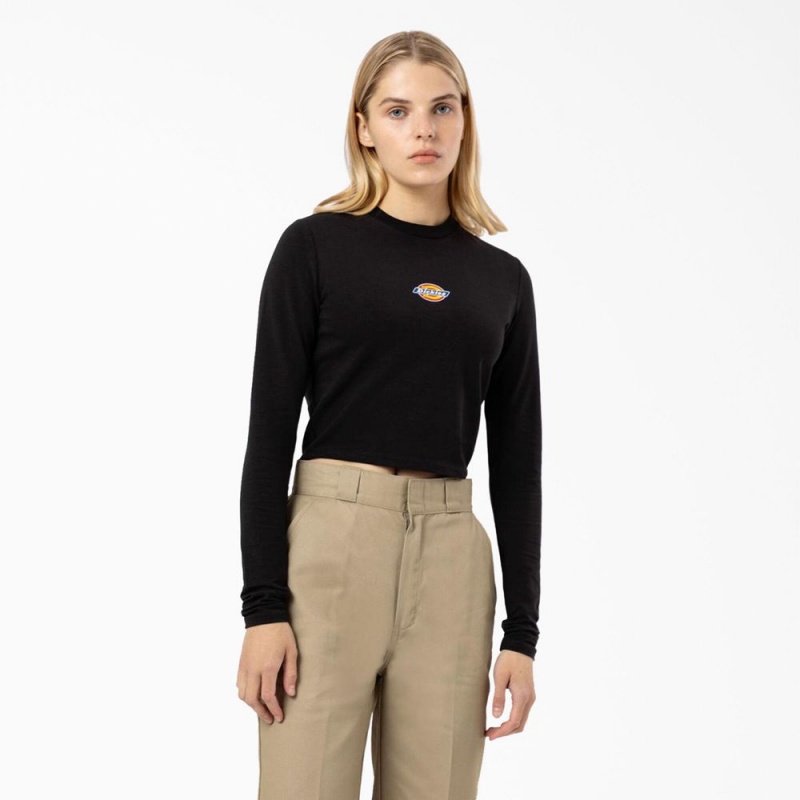 Black Dickies Maple Valley Logo Long Sleeve Cropped Women\'s T-Shirt | 684-HTMAES