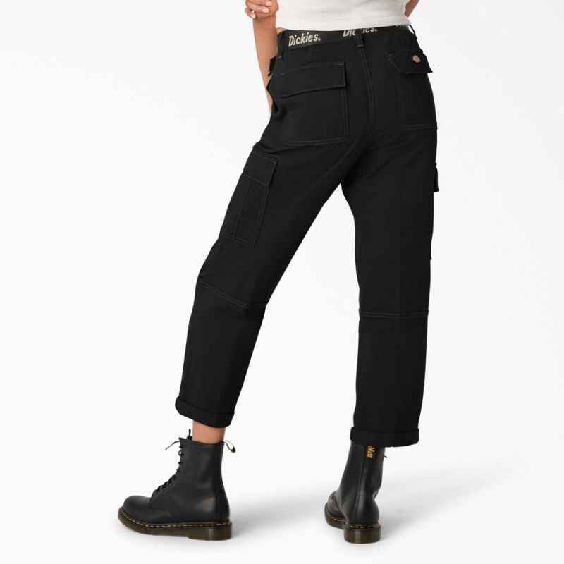 Black Dickies Relaxed Fit Contrast Stitch Cropped Women's Cargo Pants | 439-TYAUWJ