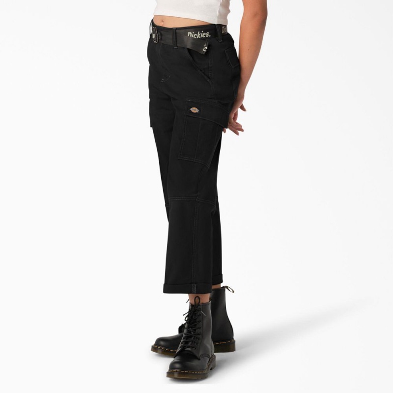 Black Dickies Relaxed Fit Contrast Stitch Cropped Women's Cargo Pants | 439-TYAUWJ