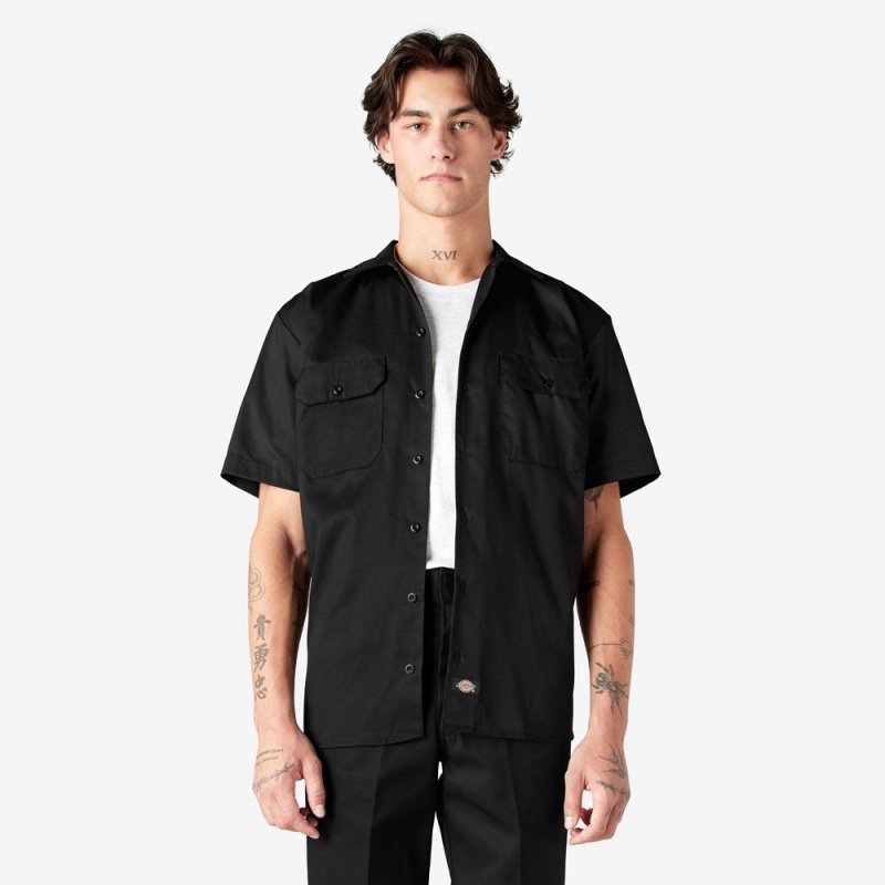 Black Dickies Short Sleeve Men\'s Work Shirts | 605-CJZPXU