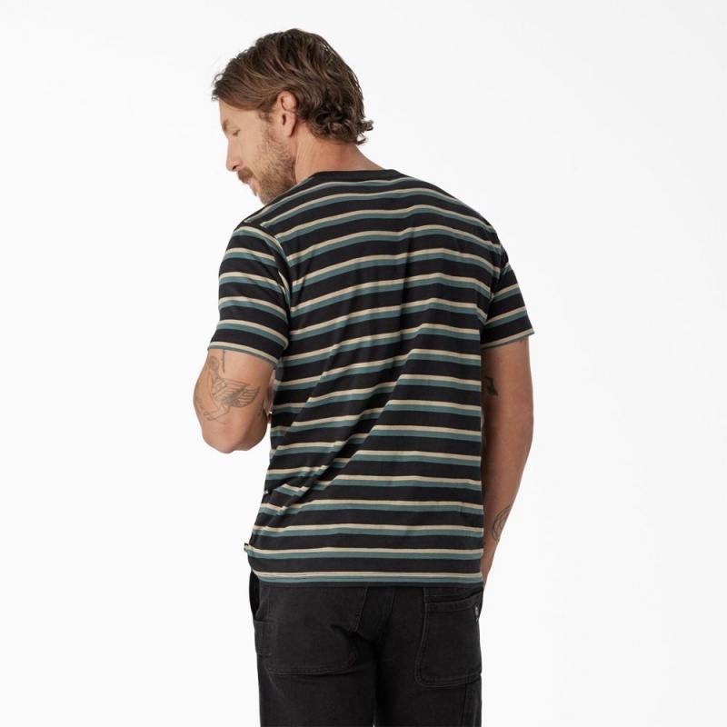 Black Dickies Skateboarding Striped Men's T-Shirt | 832-DMEYWH