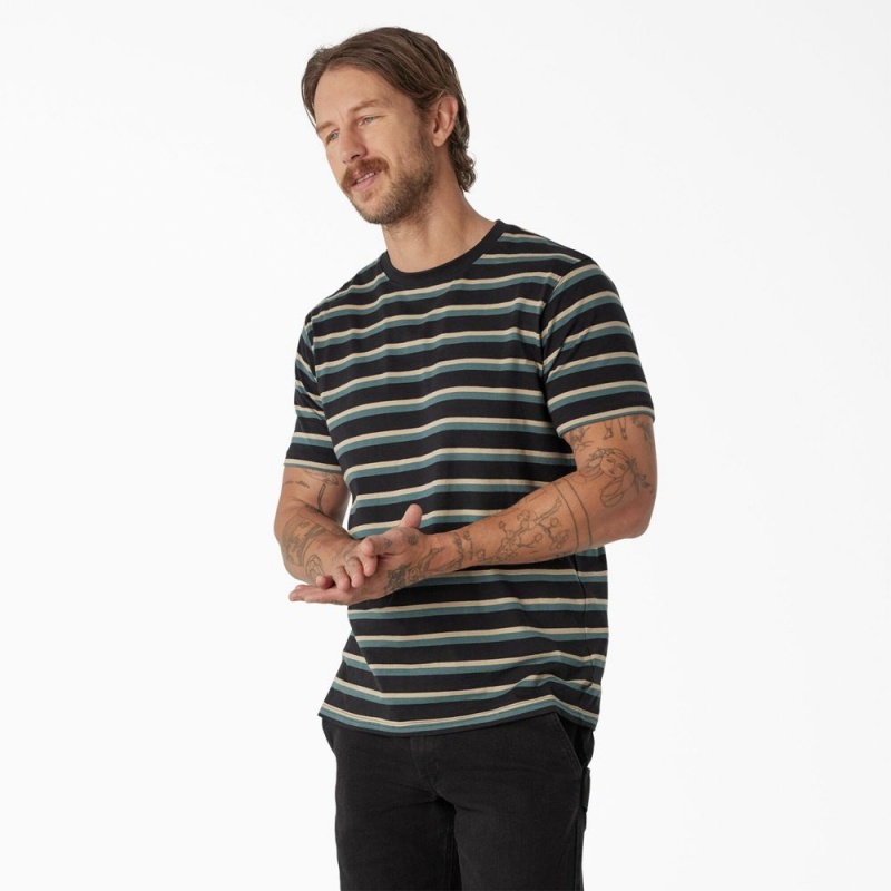 Black Dickies Skateboarding Striped Men's T-Shirt | 832-DMEYWH