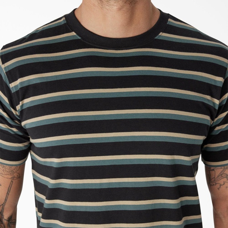 Black Dickies Skateboarding Striped Men's T-Shirt | 832-DMEYWH